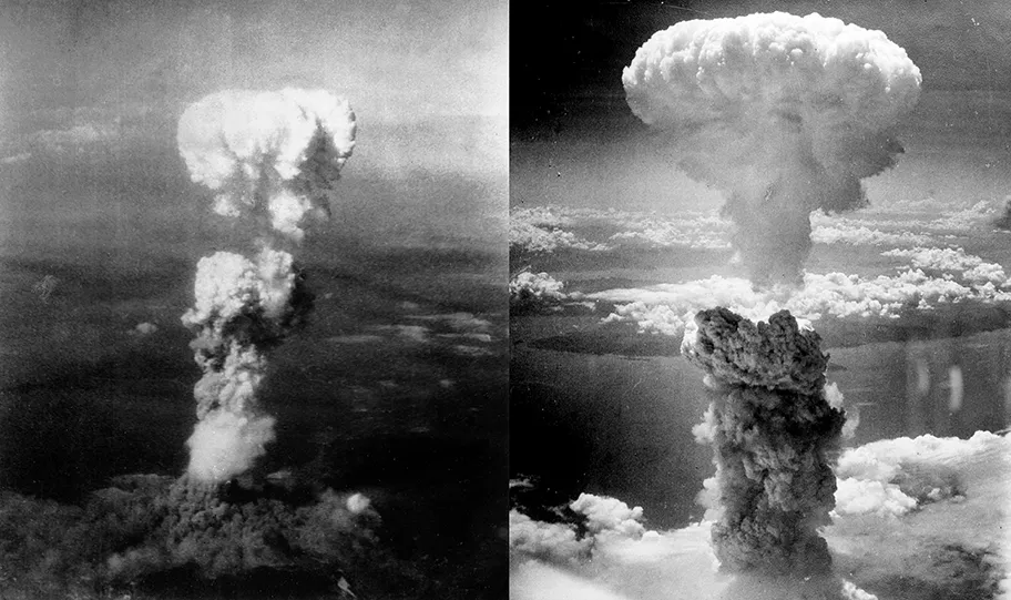 Atombombenabwurf mit einer Boeing B-29 Superfortress auf Hiroshima (links) und Nagasaki (rechts) am 6. and 9. August 1945.