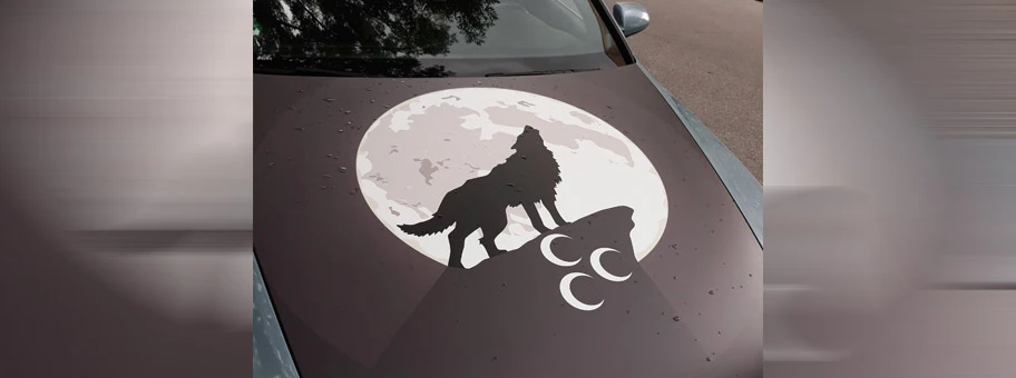 Symbole der Grauen Wölfe auf der Motorhaube eines Autos in München, Juli 2019.