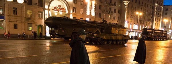 The RT-2PM2 Topol-M space intercontinental ballistic missiles, cold-launched, three-stage, solid-propellant, road-mobile intercontinental ballistic missiles with thermonuclear warheads. Rehearsal for Victory Day Military Parade in Moscow, Russia.