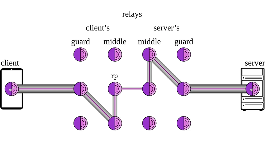 Die Abbildung zeigt, wie der Client sich über drei Tor-Knoten mit dem Server verbindet. Dabei entfernt jeder Knoten eine Verschlüsselungsschicht, so dass sie jeweils nur ihre Nachbarn kennen.