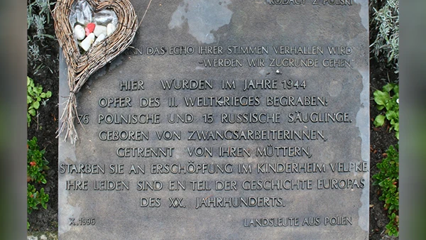 Bronzetafel von 1996 auf dem Velpker Friedhof am Ort der Kinderbestattung.